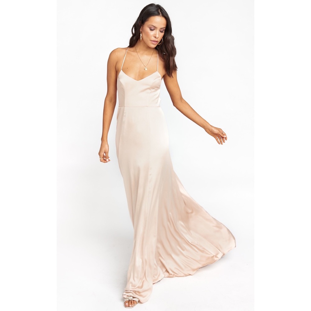 Show Me Your Mumu Godshaw Goddess Gown in Champagne Luxe Satin size M